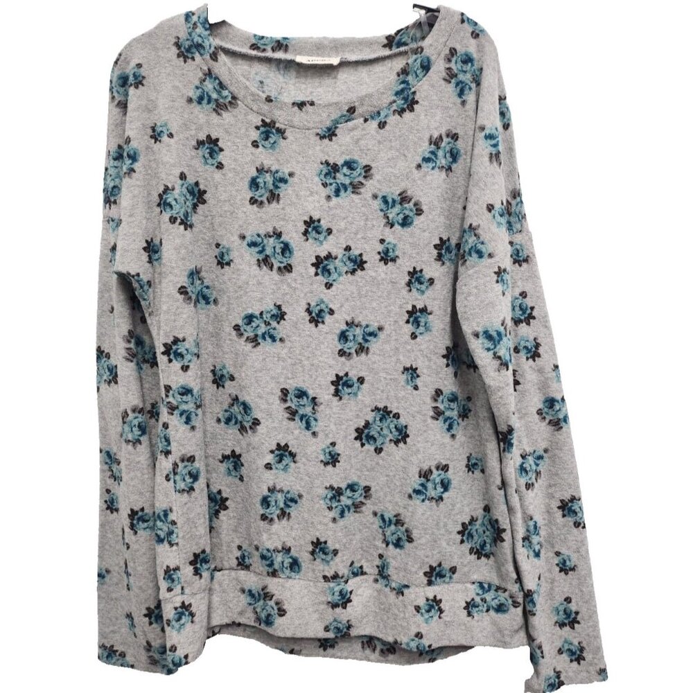 Adora BOHO Sweater Womens Large Gray Blue Floral Long Sleeve Soft Knit‎ Pullover